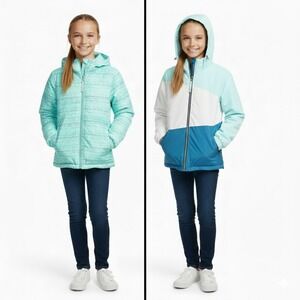 Turbine‎ Girls Reversible Hooded Jacket Aqua Blue White Teal SKUK017